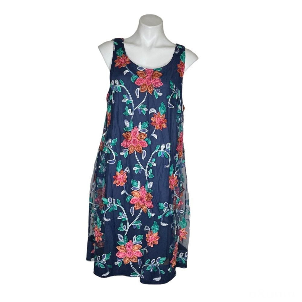 ROBBIE BEE Embroidered Blue Dress Sleeveless Sheer 2 Layer Plus Size 1X